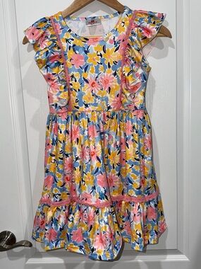 Ruffle Girl southern boutique Kids Floral Ruffle Dress - Pink, Yellow & Blue